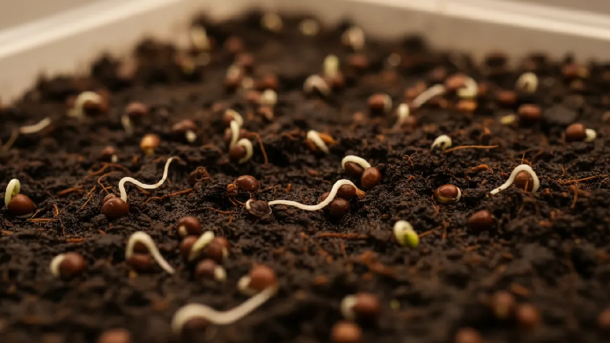 Broccoli microgreen seeds germinating with tiny white roots emerging from moist soil