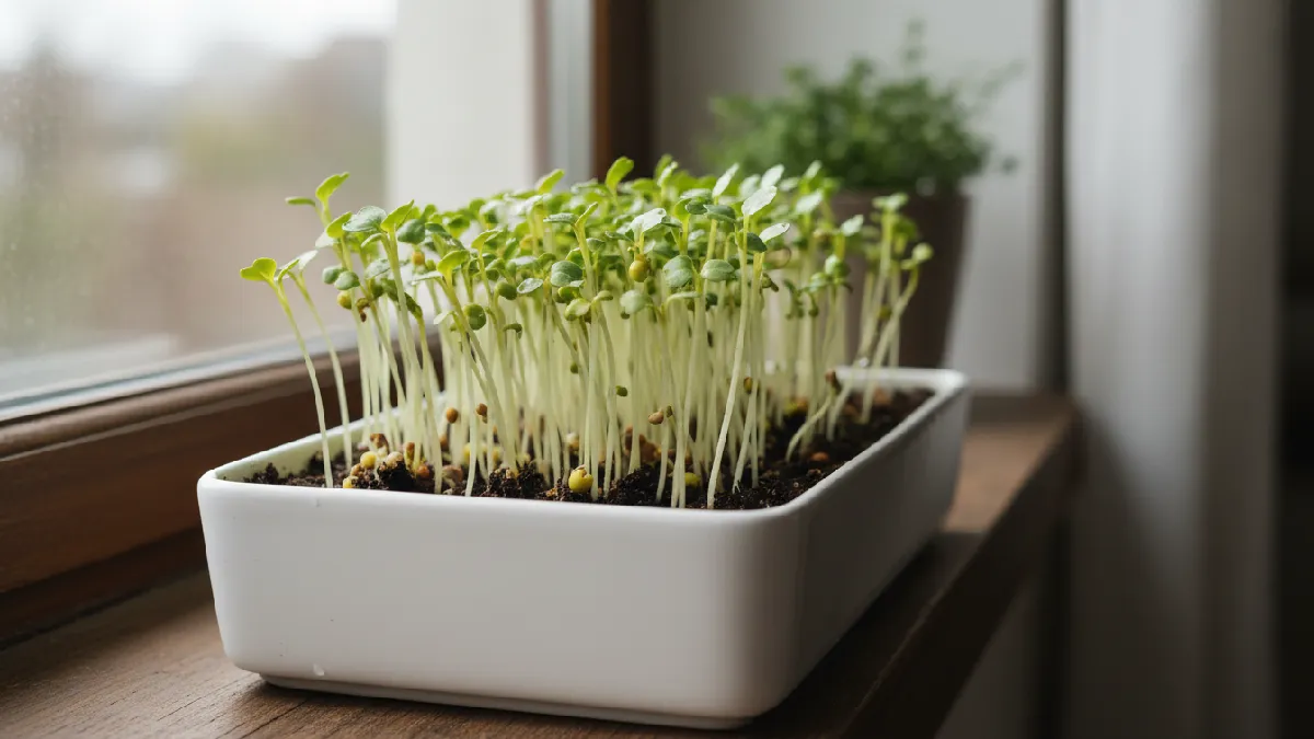 Broccoli microgreens sprouting with small green leaves during day 3 to 5 growth stage