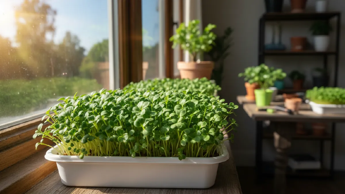 Broccoli microgreens ready for harvest at day 7 to 10 with true leaves formed
