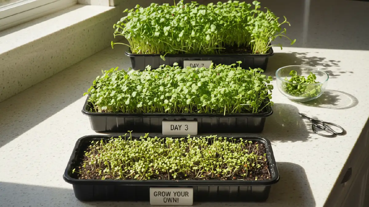  Microgreens tray showing rapid sprouting and growth over several days, with leaves growing fast, roots hidden, and some cut for harvest, illustrating quick, rewarding, and beginner-friendly indoor gardening. 