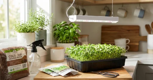 Indoor microgreens grow kit on a countertop with sprouting green leaves, seed packets, growing medium, spray bottle, scissors, and LED light, demonstrating easy, beginner-friendly indoor gardening for fresh and nutritious microgreens.