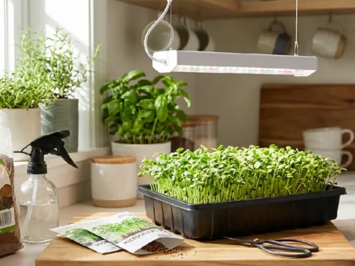 Indoor microgreens grow kit on a countertop with sprouting green leaves, seed packets, growing medium, spray bottle, scissors, and LED light, demonstrating easy, beginner-friendly indoor gardening for fresh and nutritious microgreens.