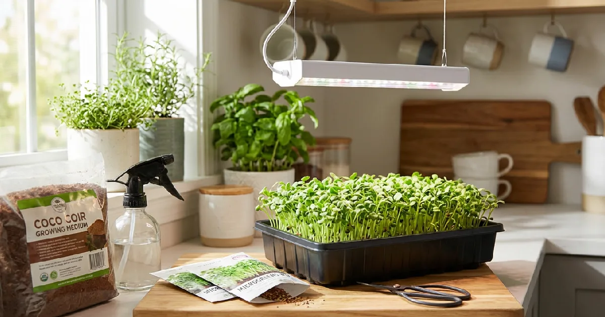 Indoor microgreens grow kit on a countertop with sprouting green leaves, seed packets, growing medium, spray bottle, scissors, and LED light, demonstrating easy, beginner-friendly indoor gardening for fresh and nutritious microgreens.