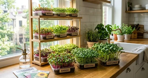 Beginner-friendly indoor kitchen setup showing how to Grow Microgreens Indoors with trays of radish, broccoli, and sunflower microgreens on a sunny windowsill under LED lights, fresh vibrant green shoots, spray bottle nearby, clean and simple home gardening space.