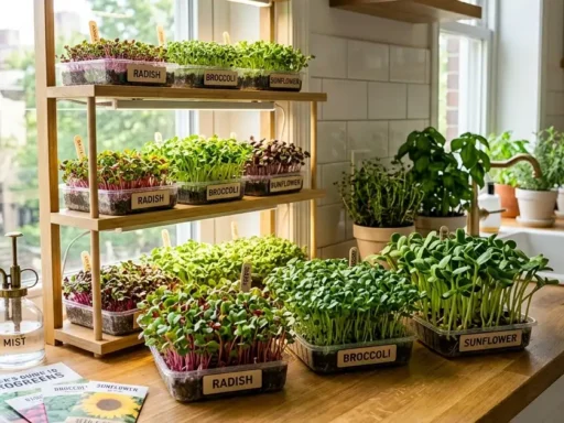 Beginner-friendly indoor kitchen setup showing how to Grow Microgreens Indoors with trays of radish, broccoli, and sunflower microgreens on a sunny windowsill under LED lights, fresh vibrant green shoots, spray bottle nearby, clean and simple home gardening space.