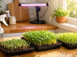 Shallow indoor trays filled with young microgreens growing in soil, bathed in sunlight and under LED light. Tiny green shoots emerge, with a spray bottle nearby, showing a beginner-friendly indoor microgreens setup.