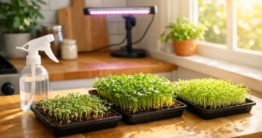 Shallow indoor trays filled with young microgreens growing in soil, bathed in sunlight and under LED light. Tiny green shoots emerge, with a spray bottle nearby, showing a beginner-friendly indoor microgreens setup.