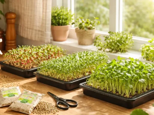 Indoor kitchen windowsill with trays of fresh microgreens, including radish, broccoli, pea, and sunflower. Sunlight shines on vibrant green leaves. Spray bottle, seeds, and small scissors nearby, illustrating beginner-friendly home microgreens gardening.
