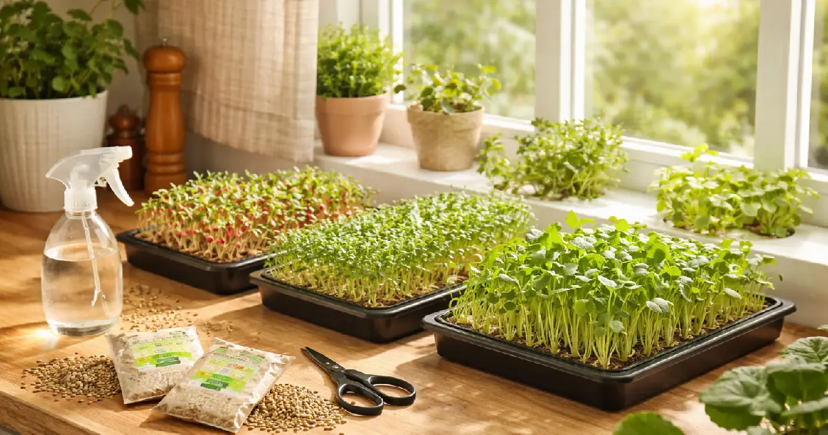 Indoor kitchen windowsill with trays of fresh microgreens, including radish, broccoli, pea, and sunflower. Sunlight shines on vibrant green leaves. Spray bottle, seeds, and small scissors nearby, illustrating beginner-friendly home microgreens gardening.