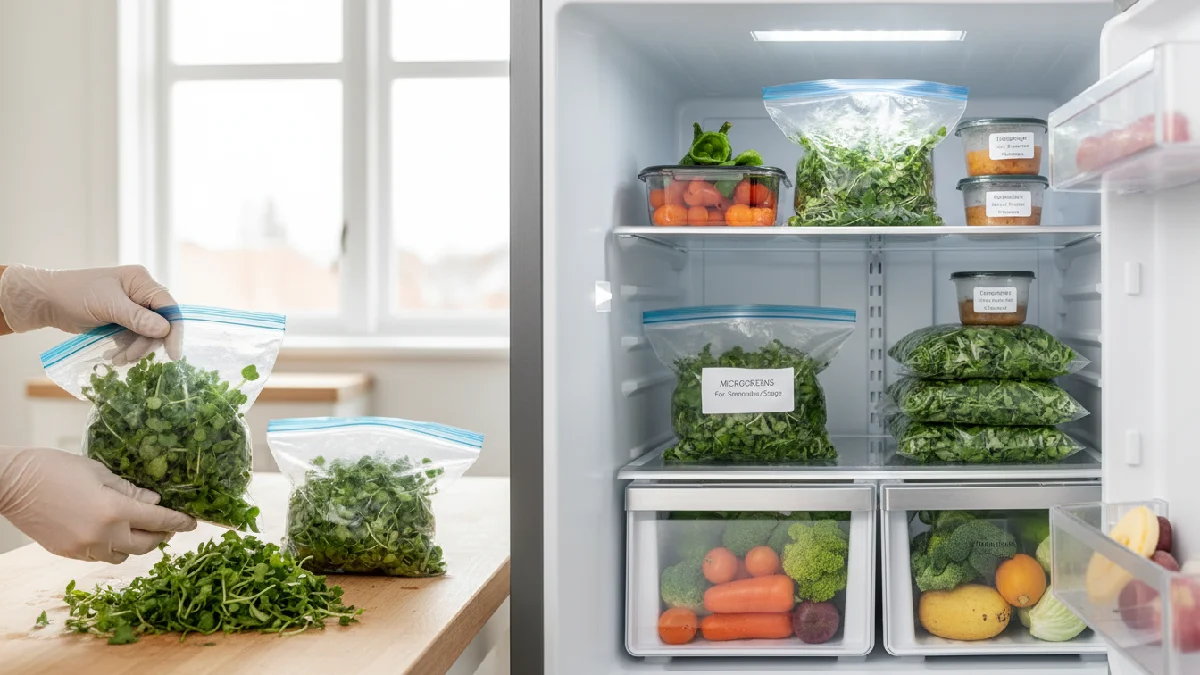 Fresh microgreens washed, dried, chopped, stored in airtight freezer bag with label, inside freezer, showing beginner, friendly freezing method for smoothies or soups, preserving nutrients and flavor.