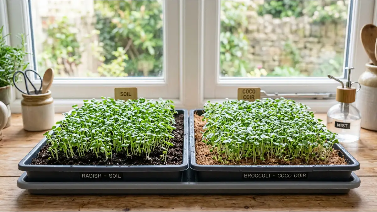 Microgreens growing in shallow trays with soil and coco coir, tiny green shoots, roots spreading gently, clean indoor setup, showing growing medium comparison for beginners.
