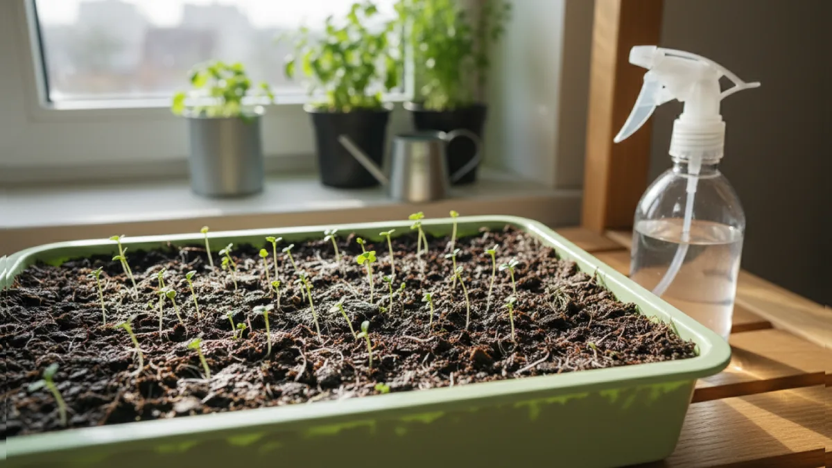 Indoor microgreens tray showing evenly spread growing medium like cocopeat, soil, or hydro mats, with tiny seedlings emerging, misted lightly, demonstrating proper moisture and root support for beginner indoor gardening.