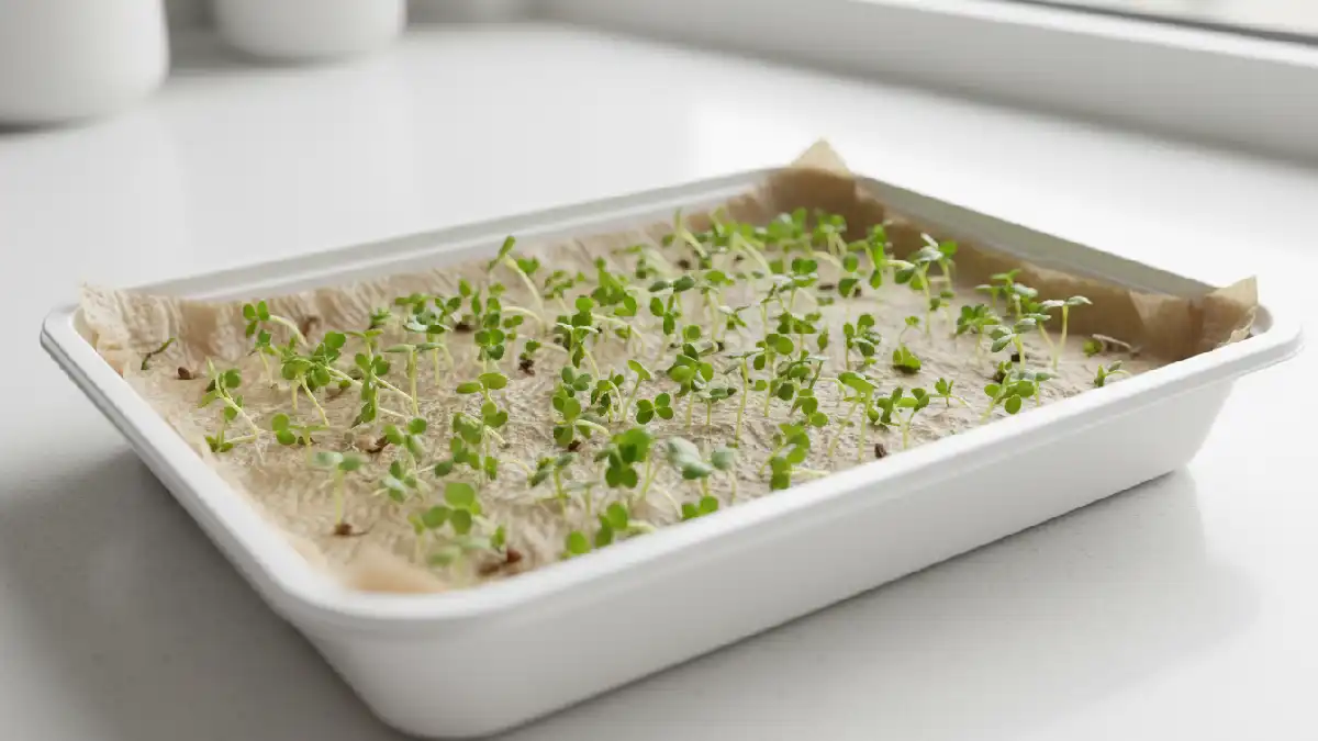 Broccoli microgreens growing on paper towel without soil