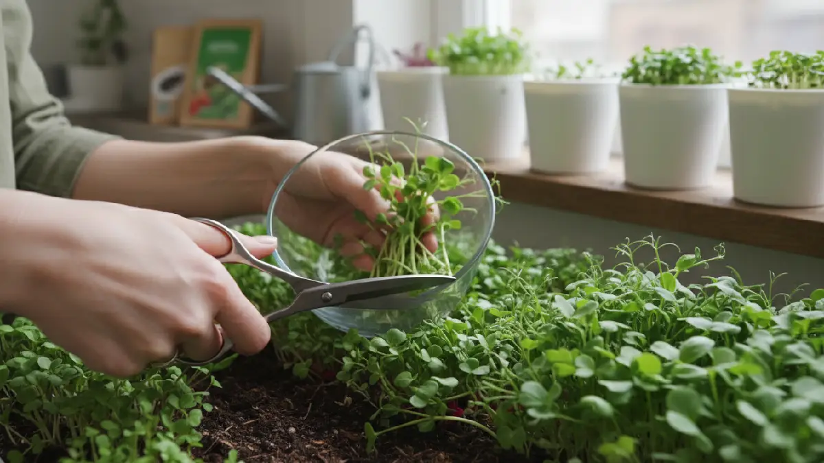 Harvesting fresh microgreens at home