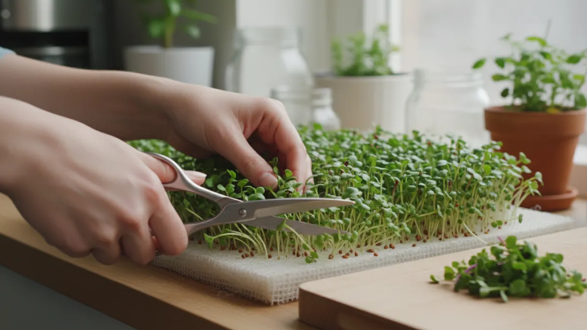 Cutting microgreens at the correct stage using scissors