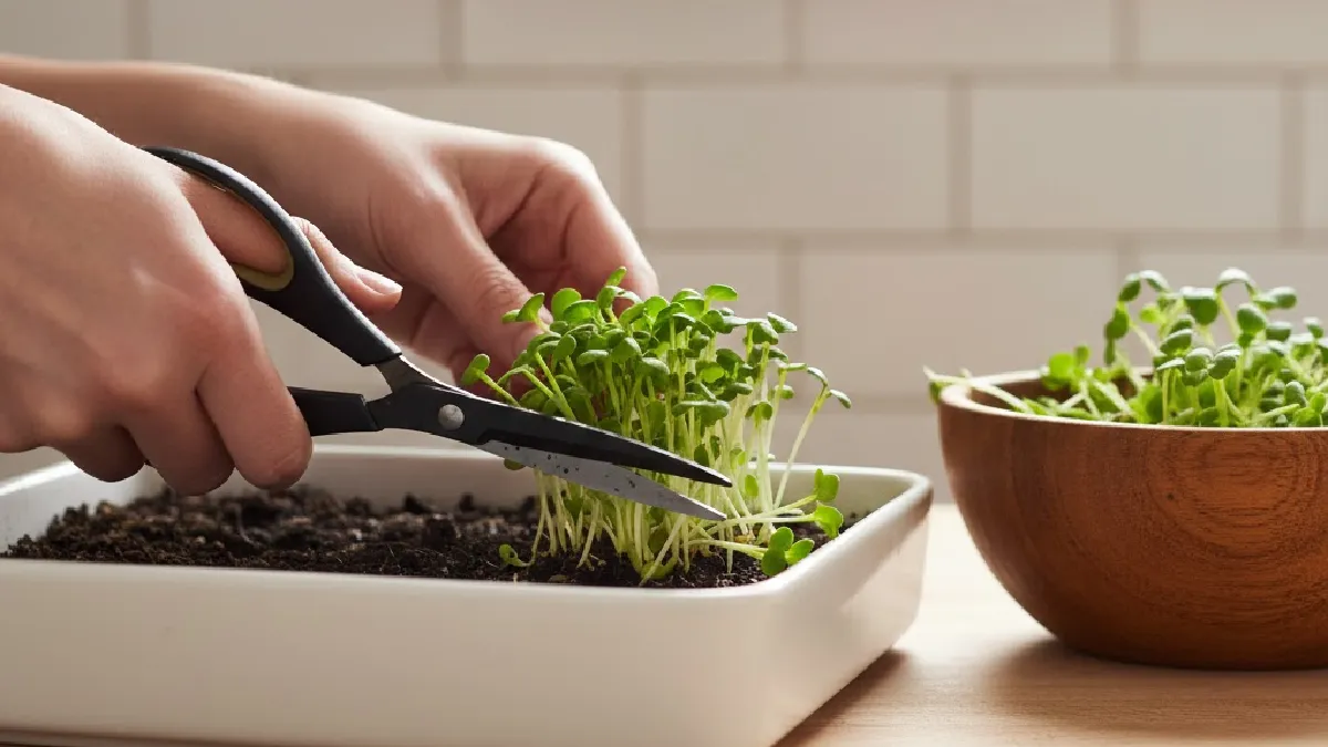 harvesting microgreens with scissors indoors
