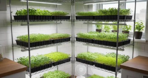 Modern indoor Microgreens Growing System with stacked trays, LED grow lights, and fresh green microgreens growing in a clean kitchen corner, demonstrating an organized and beginner-friendly home microgreens setup.