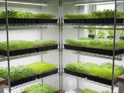 Modern indoor Microgreens Growing System with stacked trays, LED grow lights, and fresh green microgreens growing in a clean kitchen corner, demonstrating an organized and beginner-friendly home microgreens setup.