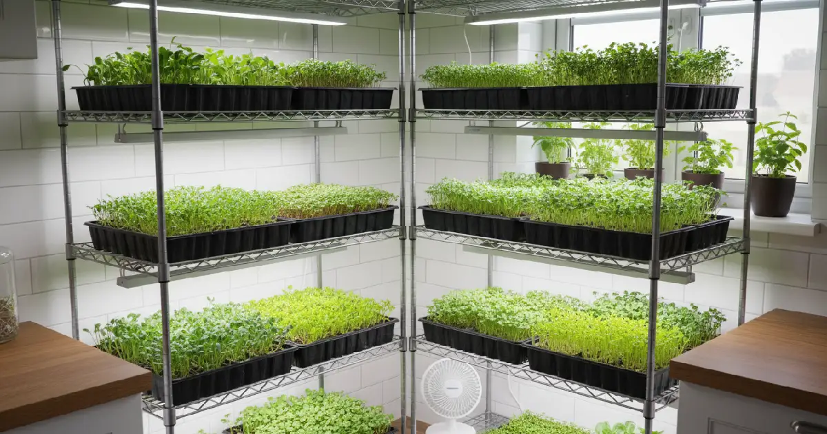 Modern indoor Microgreens Growing System with stacked trays, LED grow lights, and fresh green microgreens growing in a clean kitchen corner, demonstrating an organized and beginner-friendly home microgreens setup.