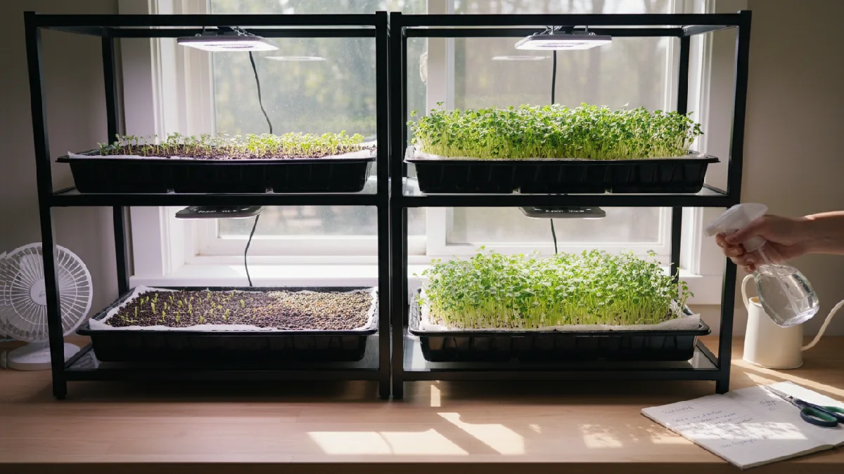 Multiple indoor trays with soil and mats, tiny green leaves sprouting, a spray bottle nearby, LED lights shining, a small fan providing airflow, seeds evenly spread, shoots upright, showing a beginner-friendly microgreens setup, daily care, indoor corners or balcony, vibrant growth, and healthy microgreens.