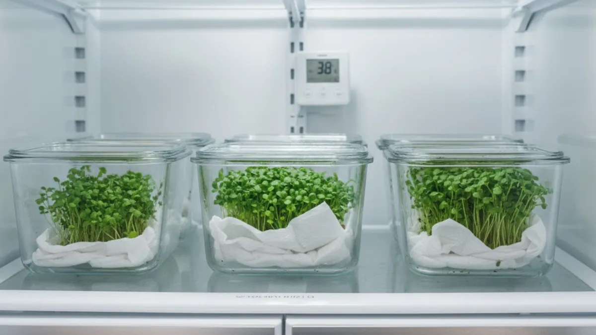 Freshly harvested microgreens stored in paper towel-lined airtight containers in fridge.