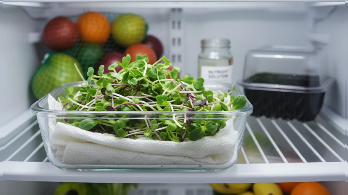 Freshly harvested microgreens in a clear container with a paper towel at the bottom, crisp leaves, stored in fridge, showing beginner, friendly indoor storage setup preserving freshness and nutrients for 5to 7 days.