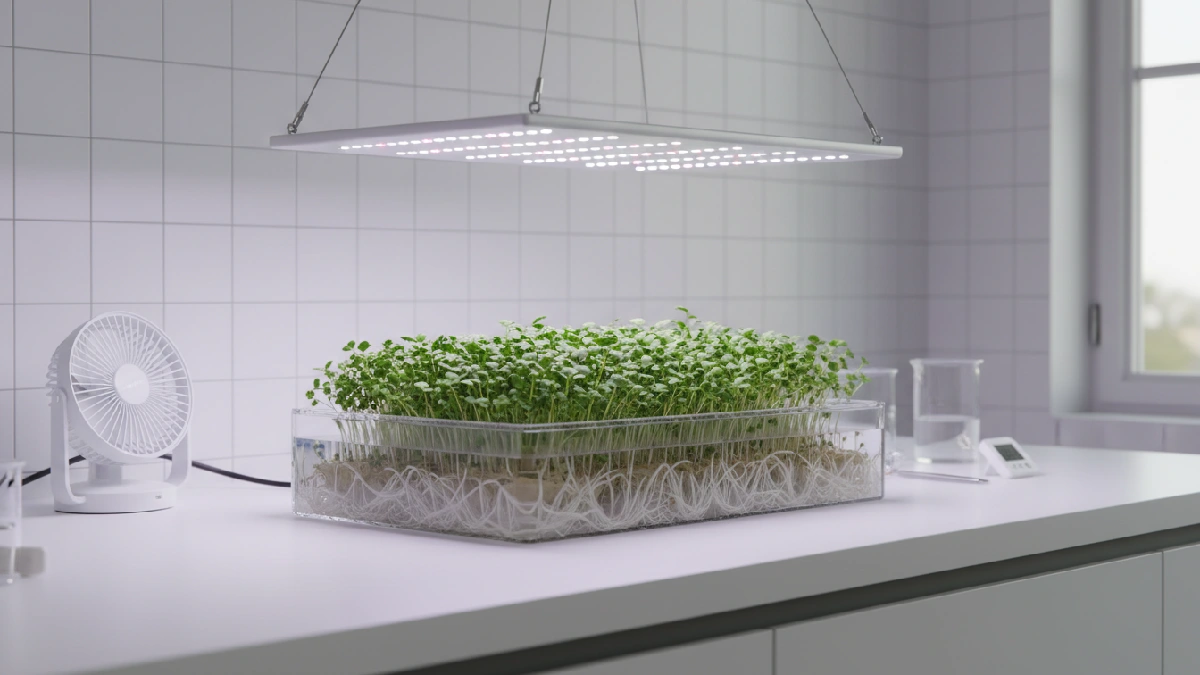 Hydroponic tray with roots floating in nutrient water, vibrant, uniform green leaves, clean shelves, small pump and timer, LED lights shining, showing fast growth, controlled water, precise nutrient management, fewer pests, beginner-friendly setup, highlighting hydroponic system pros and cons visually.