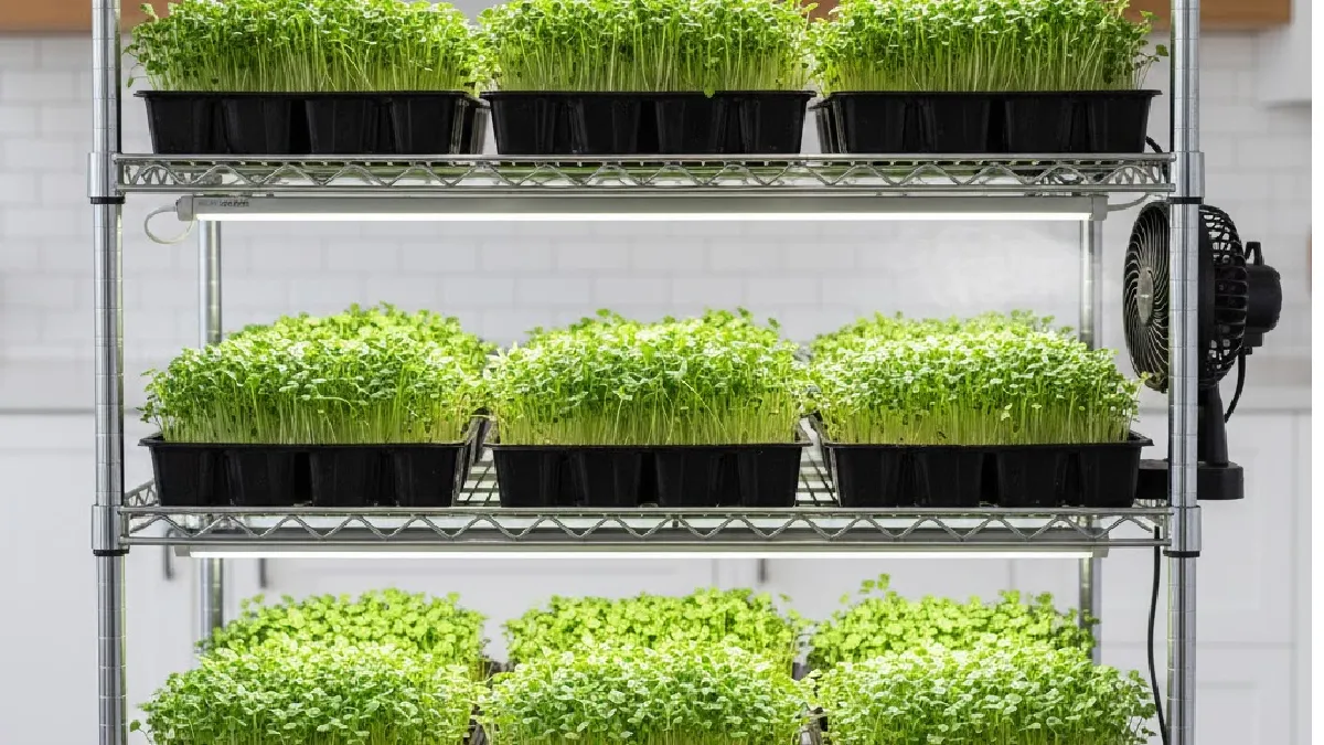 Indoor microgreens growing in trays under LED grow lights with proper airflow and controlled conditions.