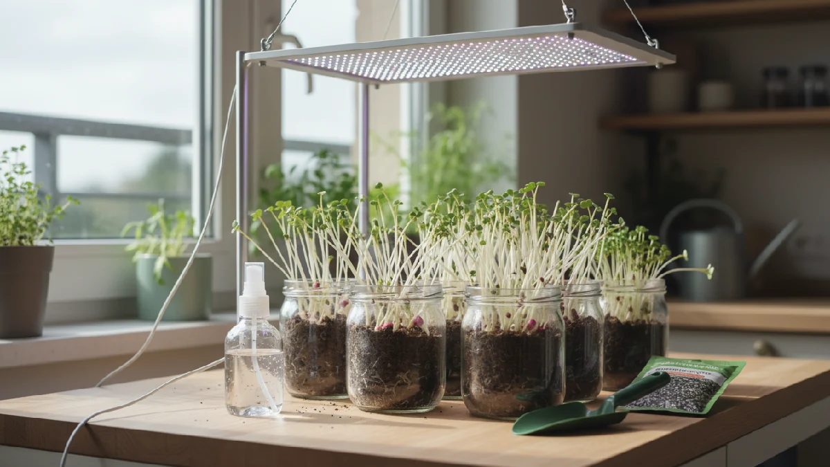 Glass jars with microgreens showing thin, leggy stems and pale leaves due to insufficient light, leaning toward window, with LED light above and beginner, friendly indoor setup.