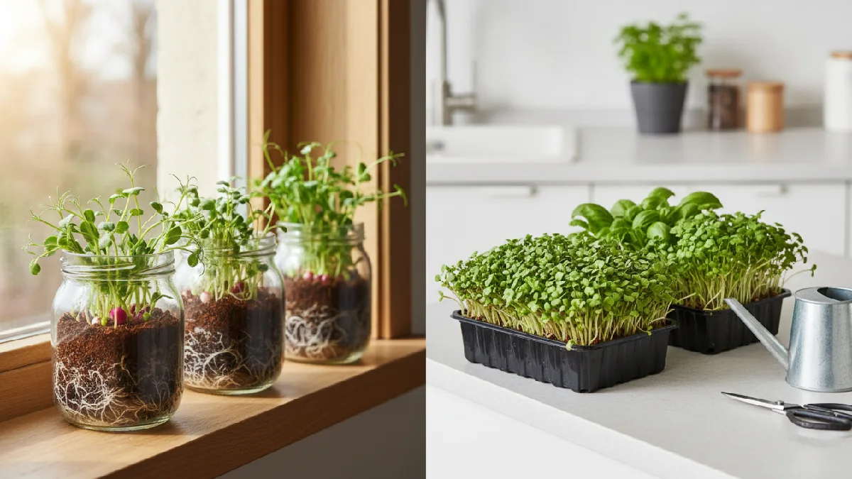 Side-by-side comparison of microgreens grown in glass jars and shallow trays indoors, showing tender leaves, visible roots, sunlight, and beginner, friendly compact home gardening setup.
