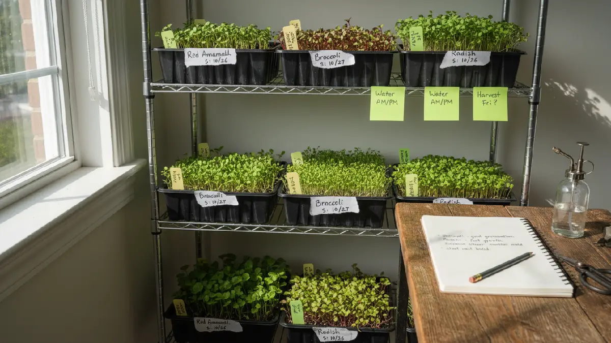 Labeling microgreens trays and keeping notes to track growth progress at home