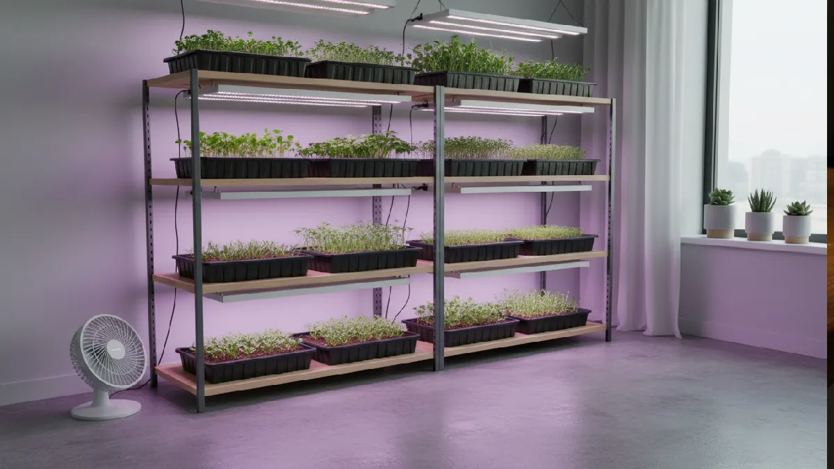 Indoor microgreens under LED grow lights with airflow fan