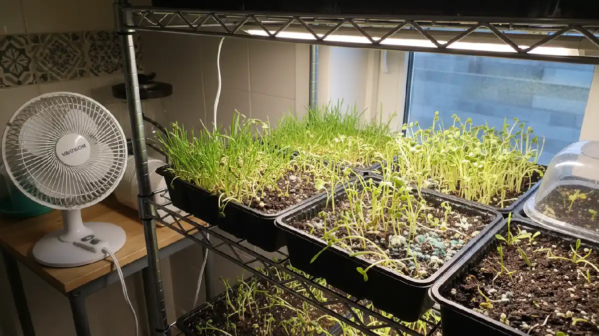 Microgreens trays with drooping leaves, leaning shoots, damp soil, mold appearing, a small fan nearby, illustrating poor airflow effects, showing the need for gentle air circulation, healthy upright stems, crisp leaves, and proper ventilation for indoor microgreens growth.