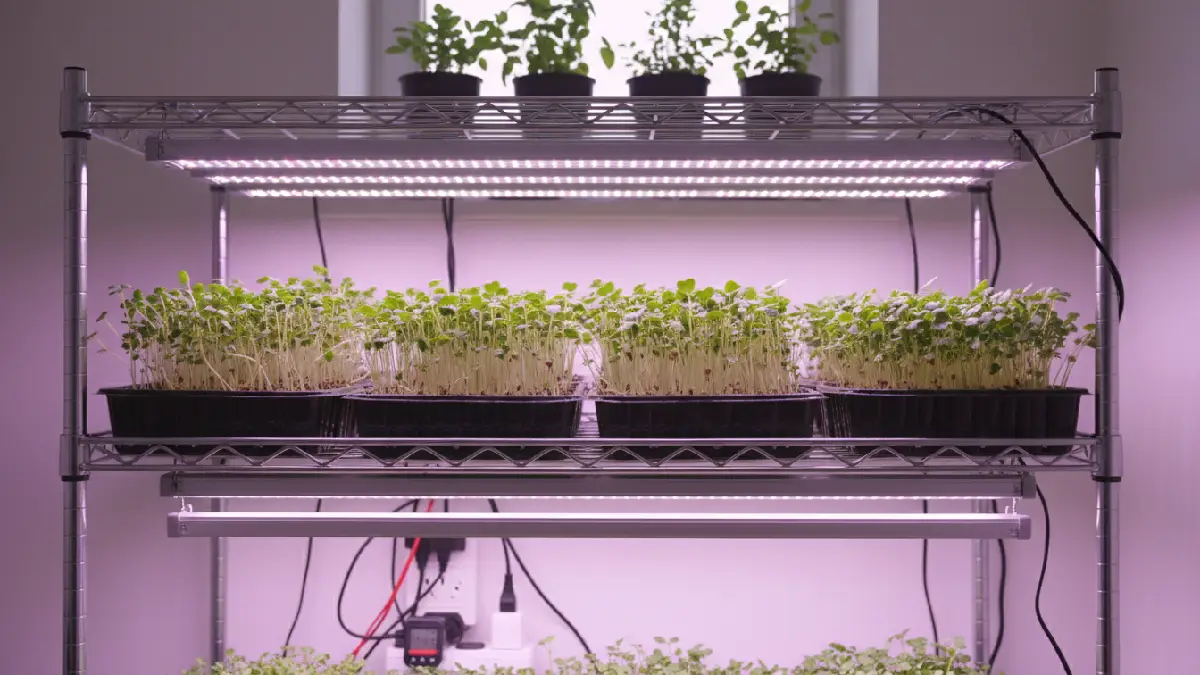 Microgreens growing under LED lights indoors