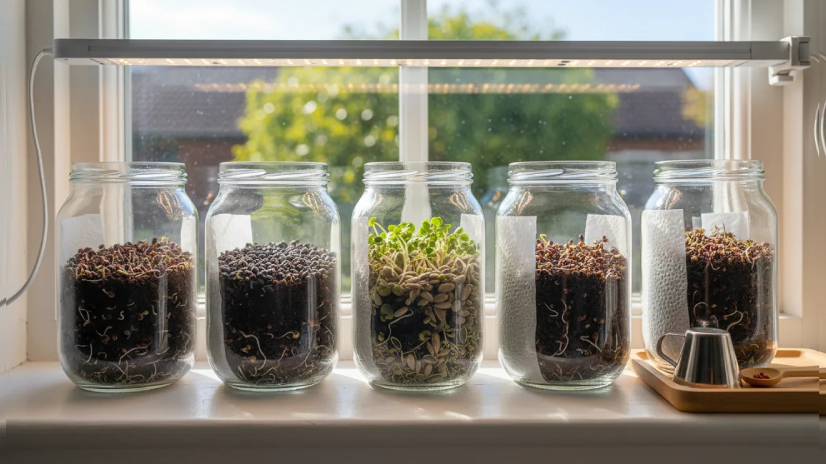 Clear wide, mouth jars containing microgreens seeds with coir or paper towel medium, small spoon and funnel nearby, sunlight or LED light visible, beginner-friendly indoor microgreens setup showing tidy, compact, and easy, to, grow conditions.