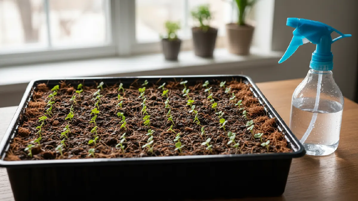 Microgreens growing in coconut coir and soil medium inside a shallow tray, showing proper moisture retention, healthy roots, and beginner-friendly growing conditions.