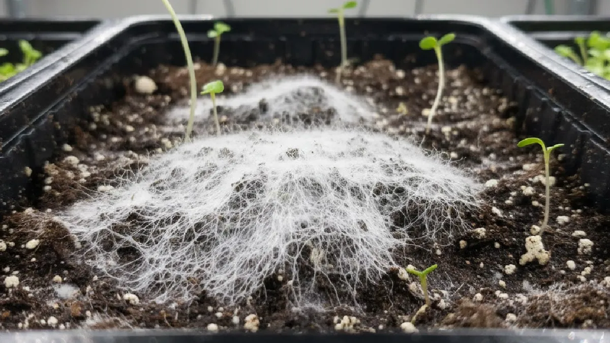 White mold forming on soil surface in a microgreens tray due to excess moisture and poor airflow.