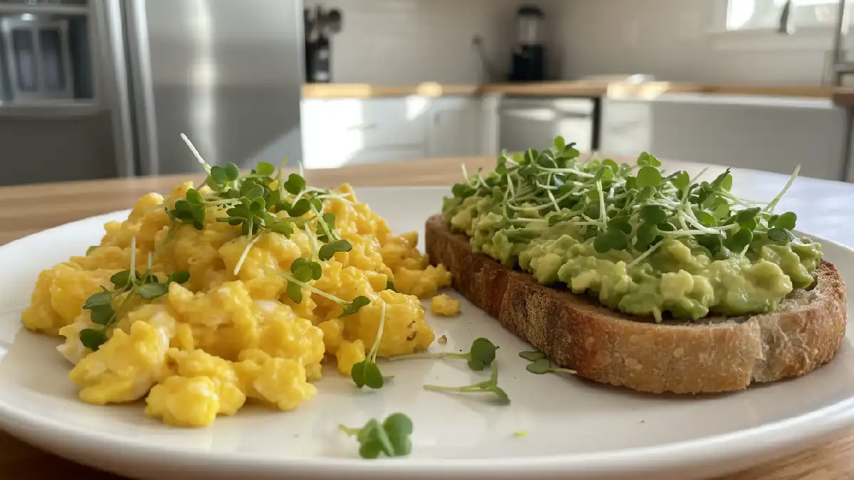 Broccoli microgreens used as garnish on eggs and avocado toast
