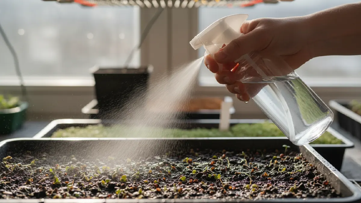 Using a spray bottle to gently water microgreen seeds in a shallow tray