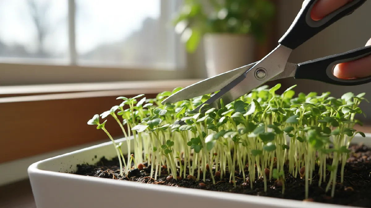 Harvesting broccoli microgreens with scissors just above the soil line