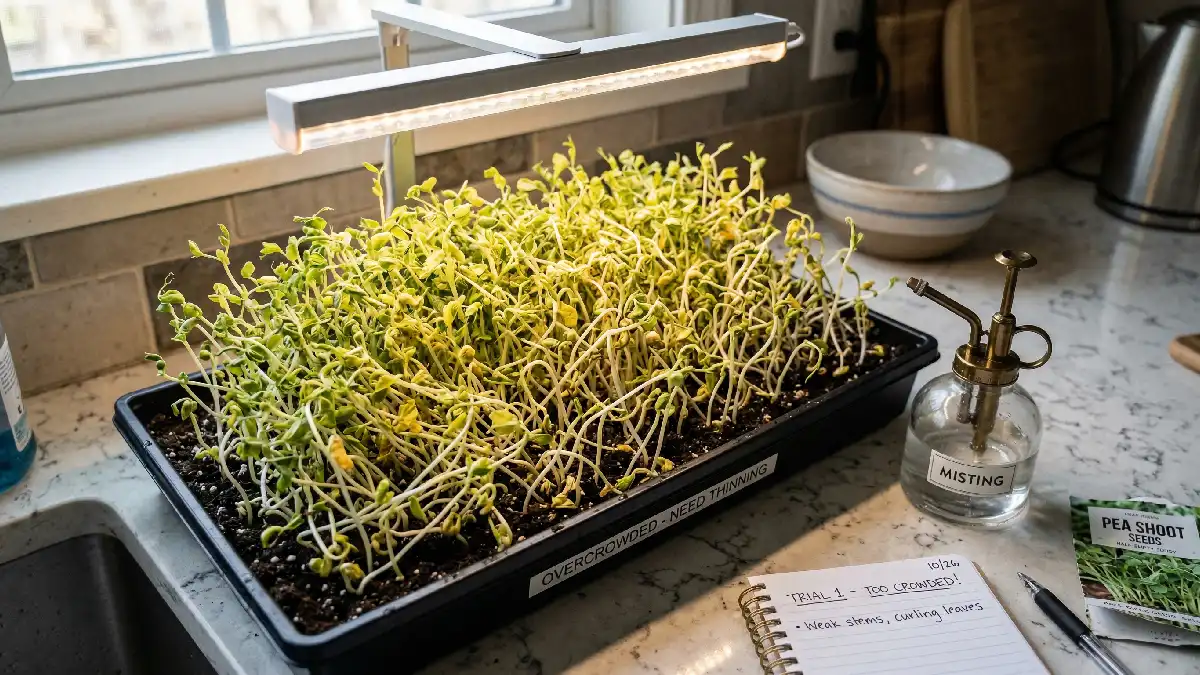 Microgreens tray with overcrowded seeds, weak stems, curling leaves, indoor kitchen setup showing spacing issues.