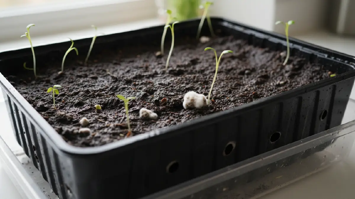Overwatered microgreens tray showing mold and root rot due to excess moisture