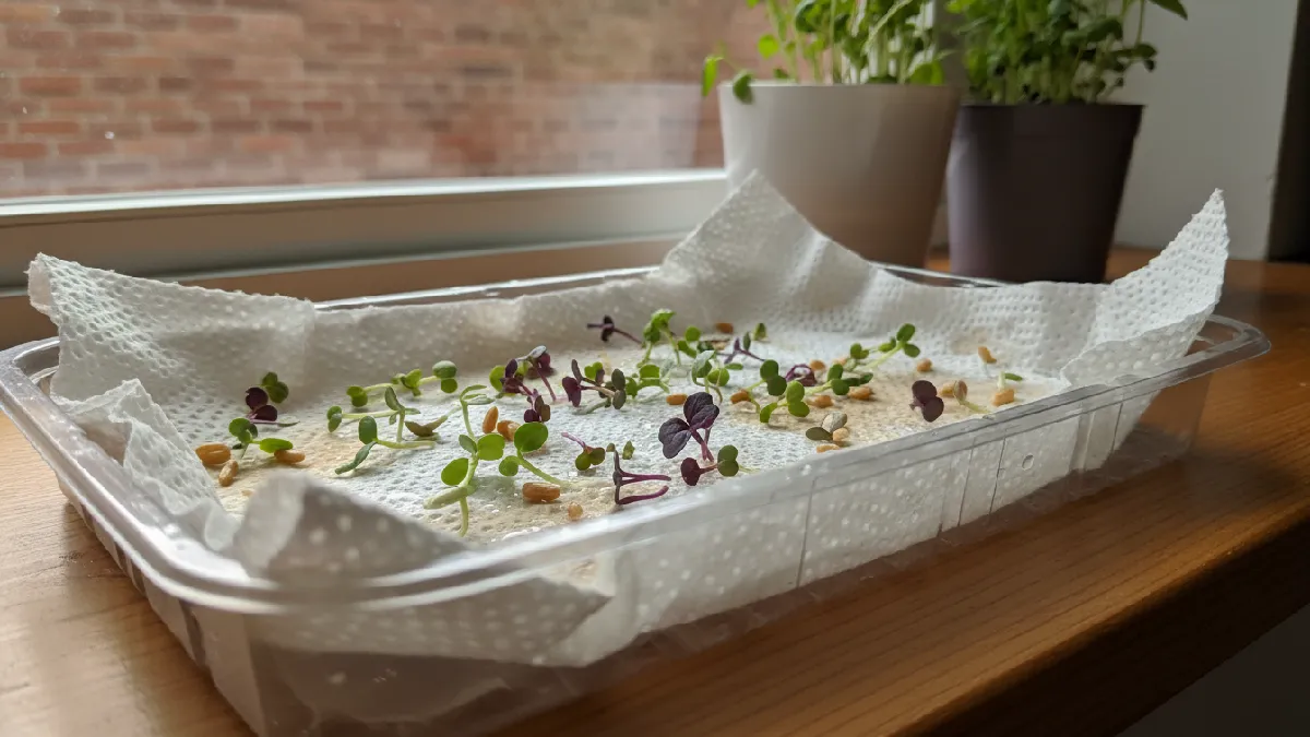 Microgreens growing on damp paper towels without soil
