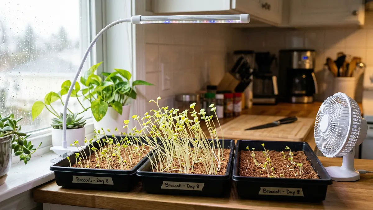 Microgreens trays with stretched stems and pale leaves under weak light, indoor kitchen setup showing lighting issues.