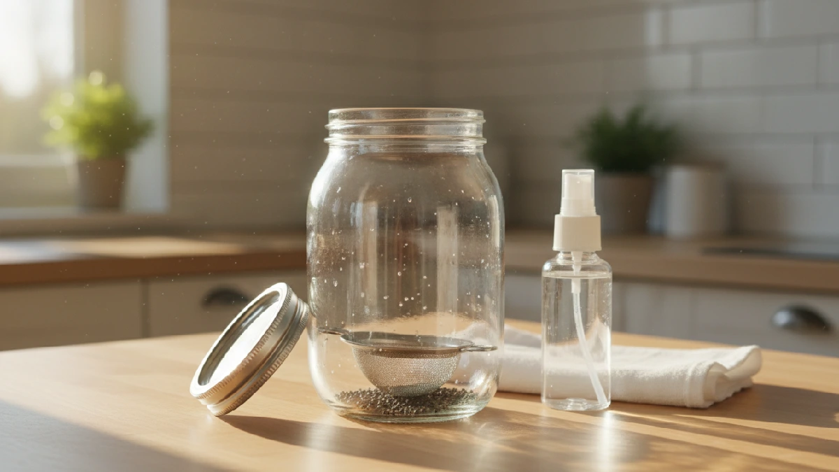 Wide-mouth glass jar cleaned with soap and water on a sunny kitchen counter, lid nearby, ready for microgreens growth, showing tidy, beginner-friendly indoor gardening setup.