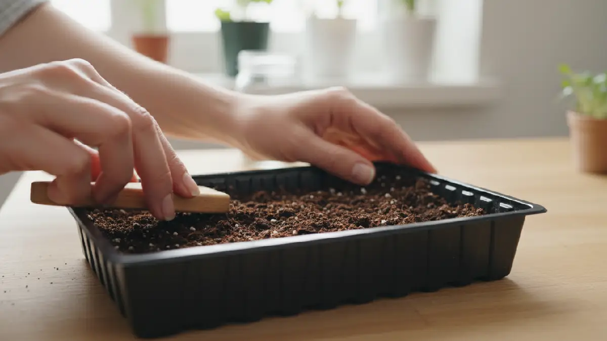 Preparing soil and tray for growing microgreens