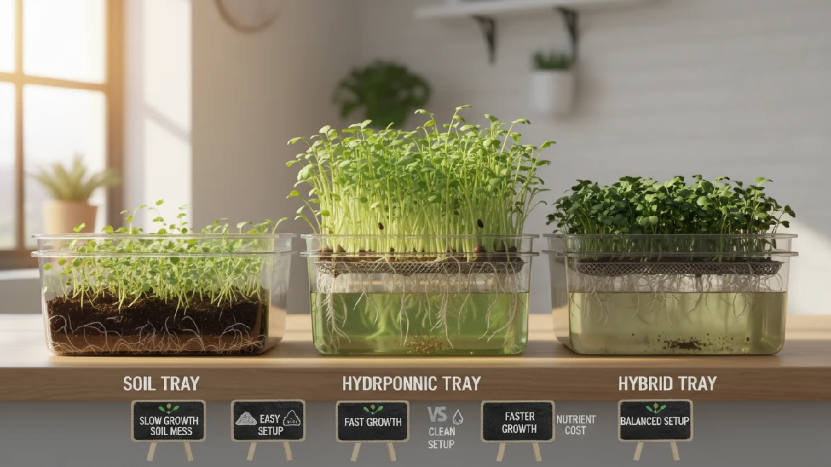 Soil tray with natural roots, hydroponic tray with roots in clear nutrient water, hybrid tray with soil and liquid feed, vibrant green leaves, upright stems, sunlight illuminating trays, visually showing pros and cons, growth speed, cleanliness, and care differences between microgreens systems.