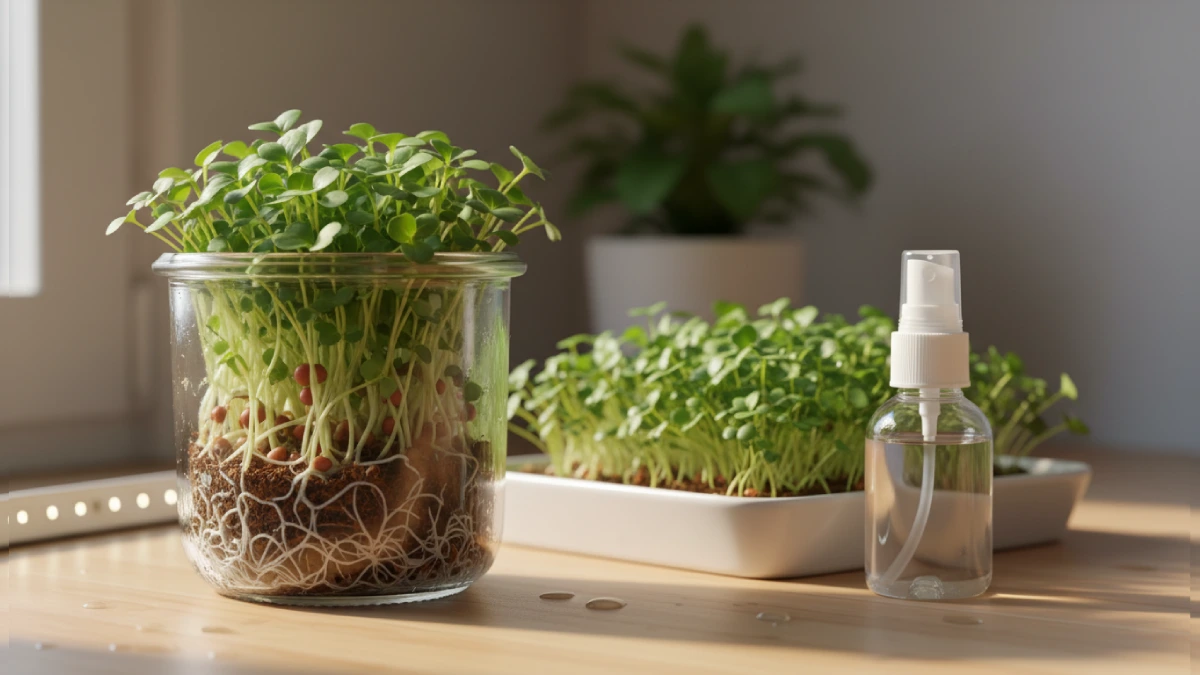 Radish microgreens growing in a jar and tray with tiny bright green leaves and visible roots, mist bottle nearby, showing compact, beginner, friendly indoor gardening setup with sunlight or LED light.
