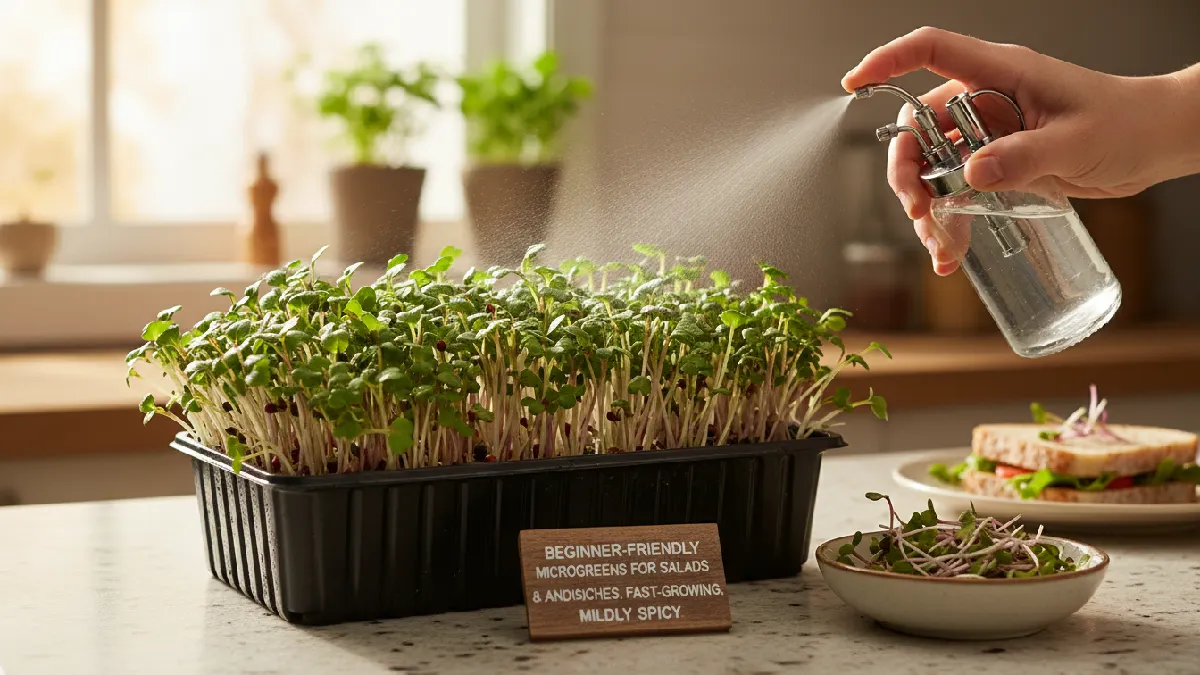 Radish microgreens in indoor tray with thin stems and vibrant leaves, hidden roots, misting hands, morning sunlight, demonstrating fast-growing, fresh, beginner-friendly microgreens for salads and sandwiches. 