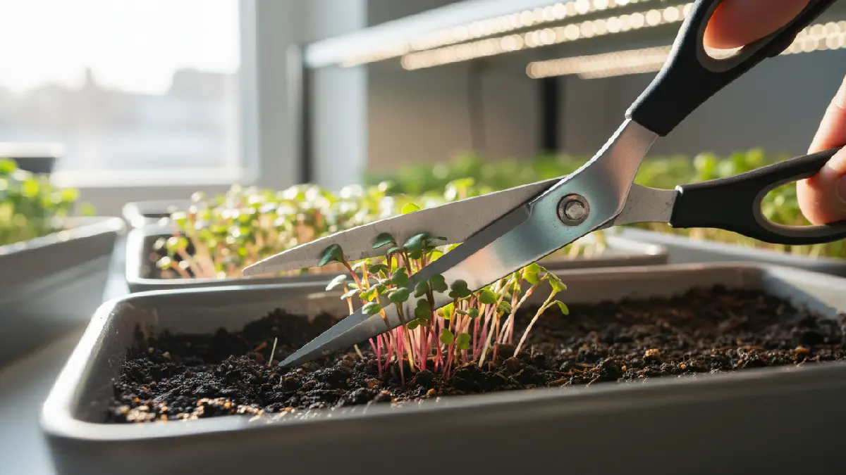 Cutting fresh microgreens with clean scissors just above the soil line